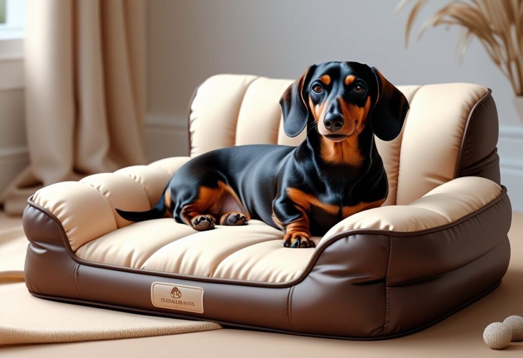 A Dachshund resting comfortably in a plush orthopedic pet bed with raised edges.
