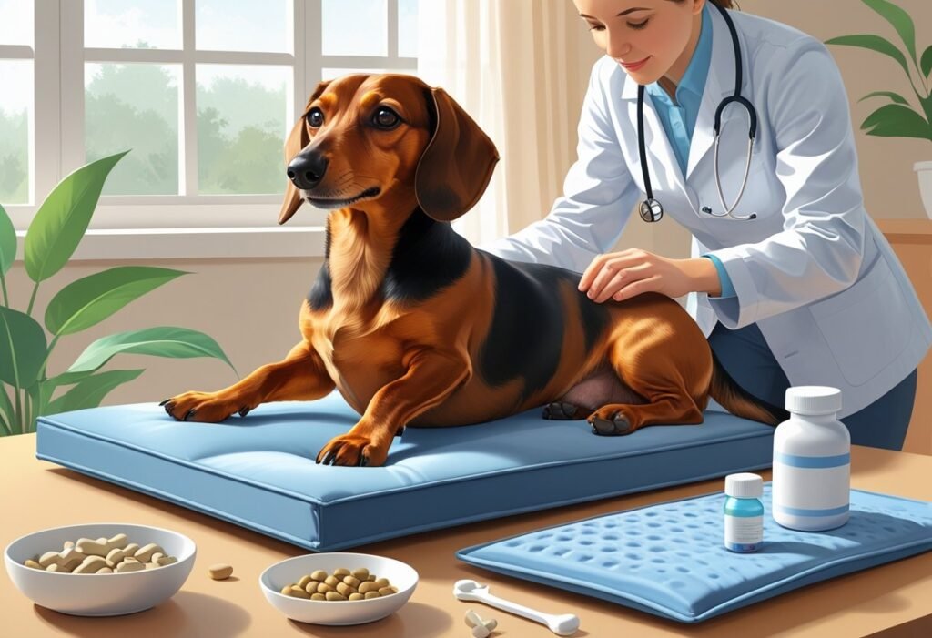 Dachshund arthritis care at home with a veterinarian checking the dog on a mat surrounded by natural remedies.