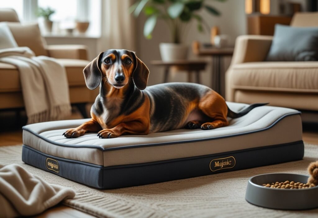 A dachshund resting comfortably on a plush orthopedic pet bed in a cozy living room setting.