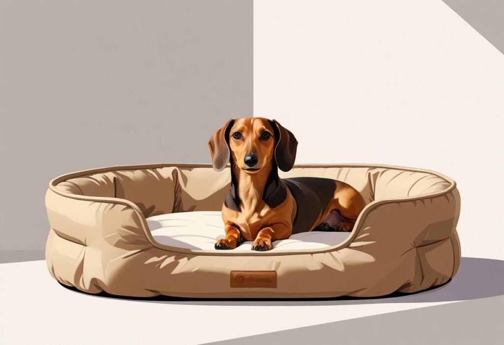 A dachshund resting comfortably in a plush orthopedic pet bed with raised edges.