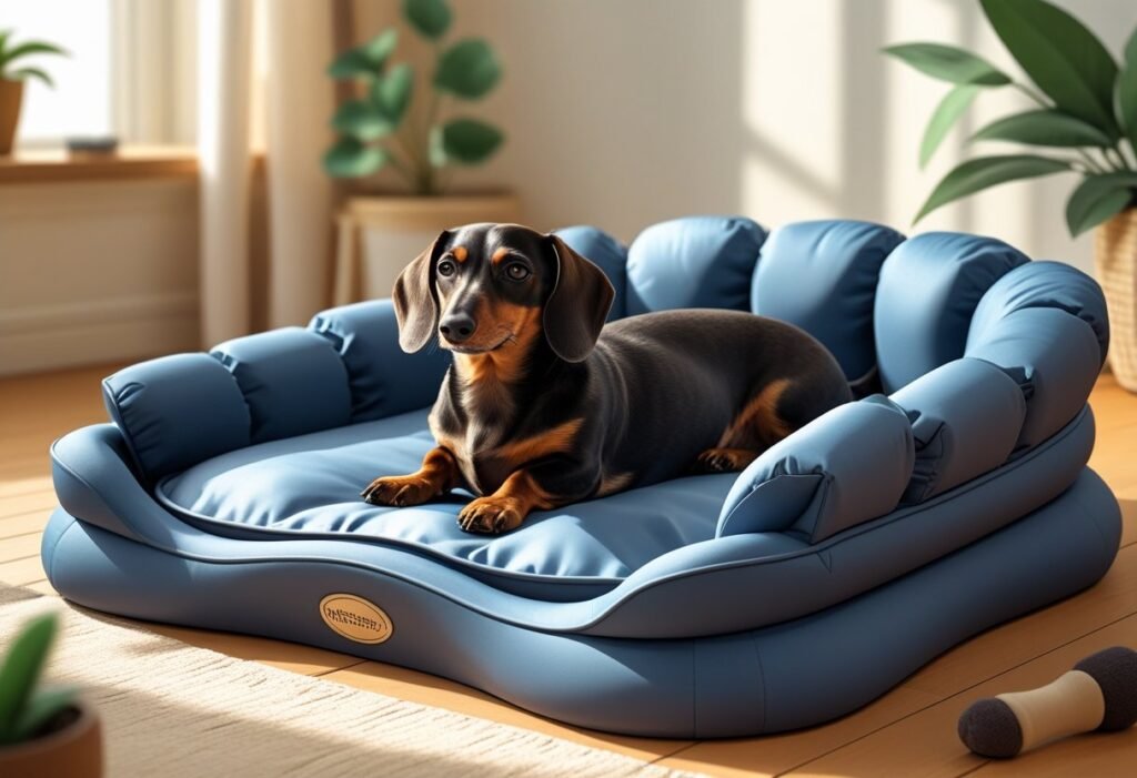 A Dachshund resting comfortably on a supportive orthopedic pet bed indoors.