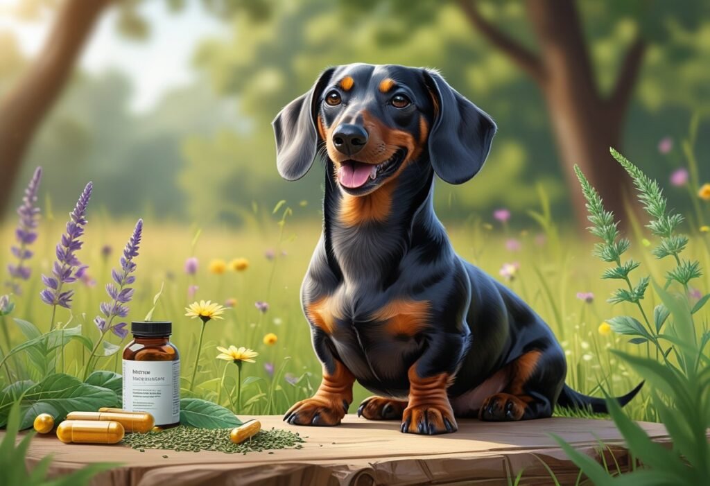 A healthy Dachshund sitting outdoors surrounded by grass, flowers, and natural supplement elements like herbs and capsules.