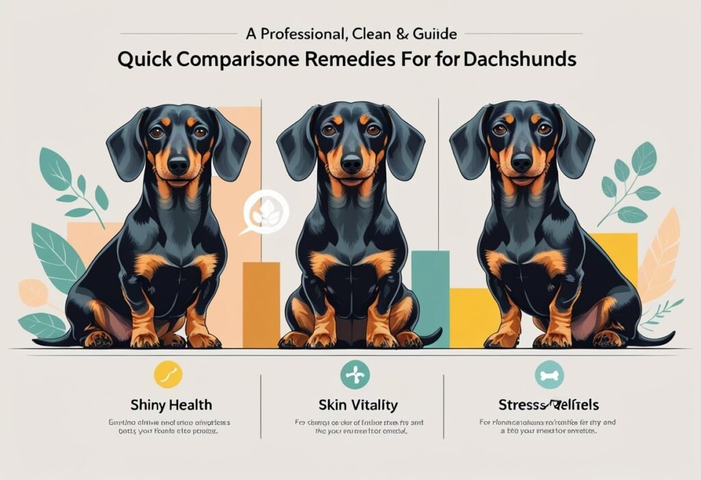 Three Dachshunds shown side by side, each with different visual cues suggesting different health benefits, set against a clean, organized background.