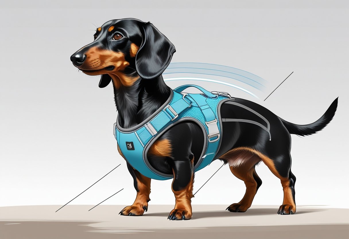 A Dachshund wearing a supportive harness designed to help with back problems, standing comfortably on a soft surface.