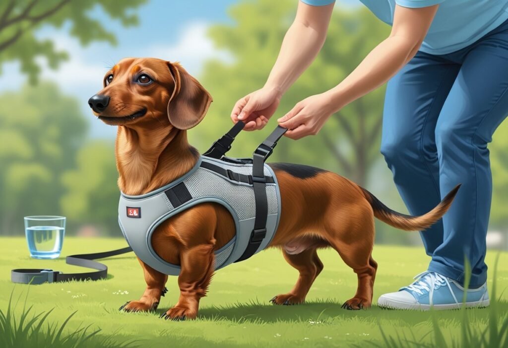 A dachshund wearing a supportive harness outdoors with its owner adjusting the harness.