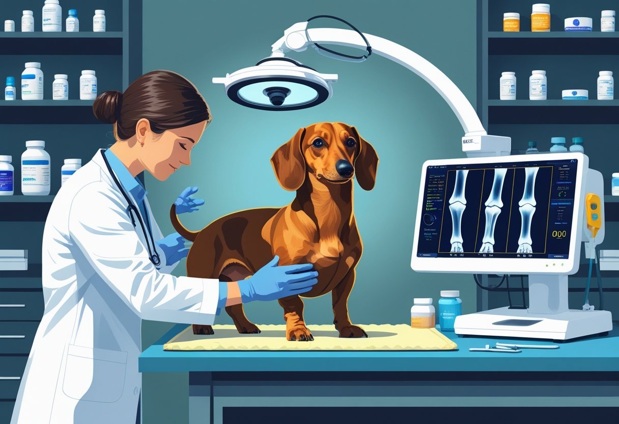 A veterinarian examining a dachshund's leg on an exam table with medical equipment and an X-ray of the dog's leg in the background.