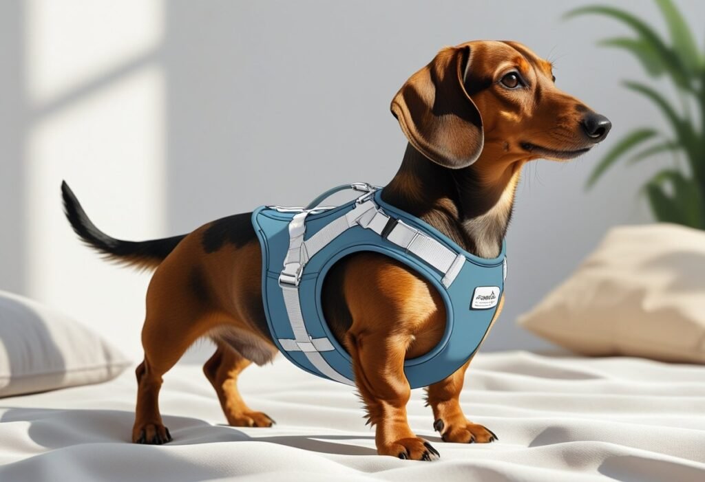 A Dachshund wearing a supportive harness designed to help dogs with back problems, standing comfortably on a soft surface.