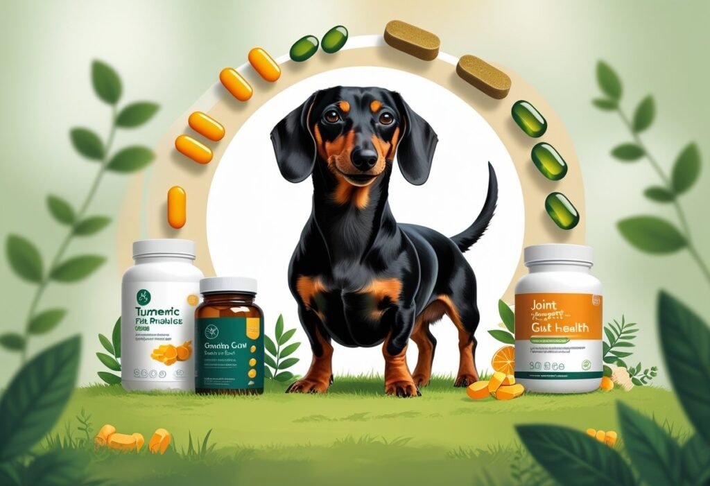 A healthy Dachshund standing on grass surrounded by illustrations of joint and gut health supplements including capsules and natural ingredients.