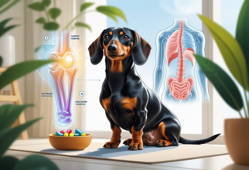 A healthy Dachshund sitting in a sunlit room with illustrations of joint and digestive health supplements around it.