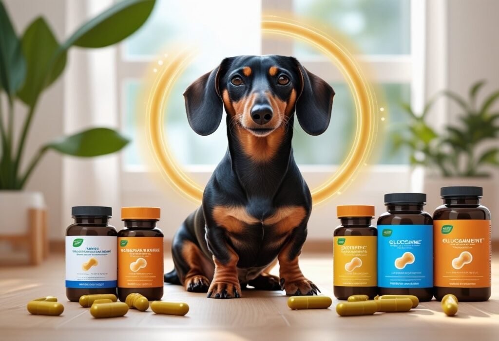 A healthy Dachshund sitting indoors surrounded by joint and gut health supplements, with visual symbols representing vitality and digestive wellness.