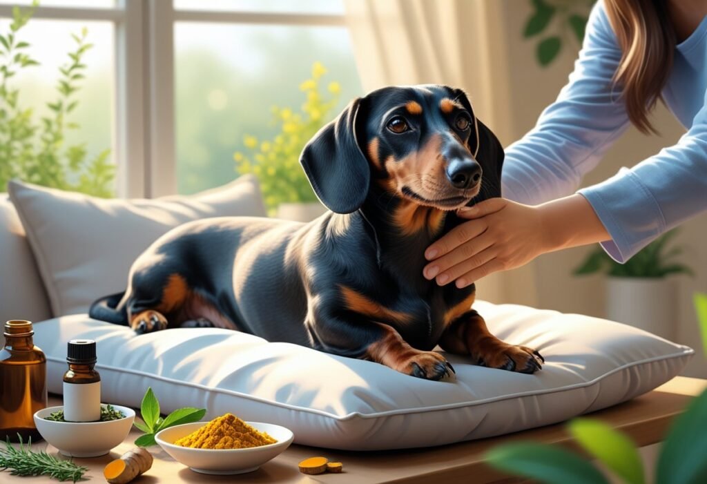 A dachshund resting on a cushion while a person gently massages its leg, surrounded by natural remedy items like herbs and oils in a cozy home setting.