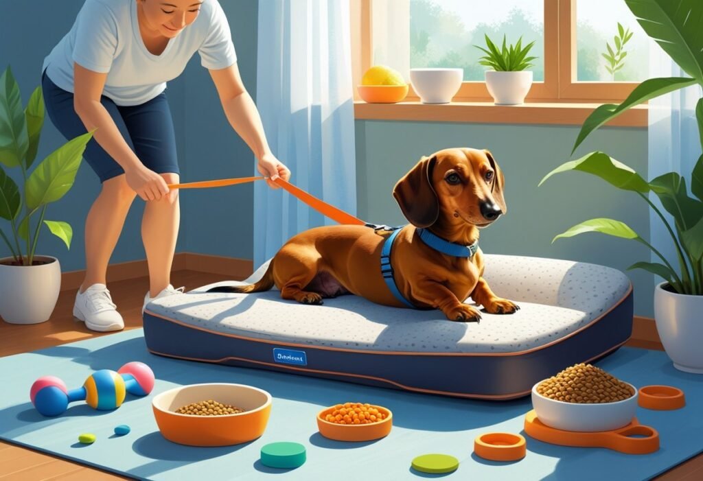 An elderly dachshund resting on an orthopedic bed with its owner nearby, surrounded by joint care items like healthy food and exercise tools in a cozy room.