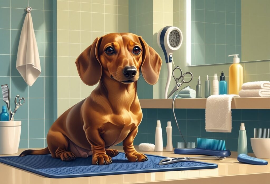 Essential grooming tools for dachshunds with pup sitting nearby