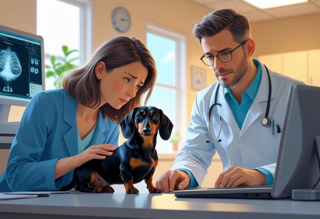 A concerned Dachshund owner sitting beside their Dachshund at a veterinary clinic while the vet reviews a spinal X-ray on screen.