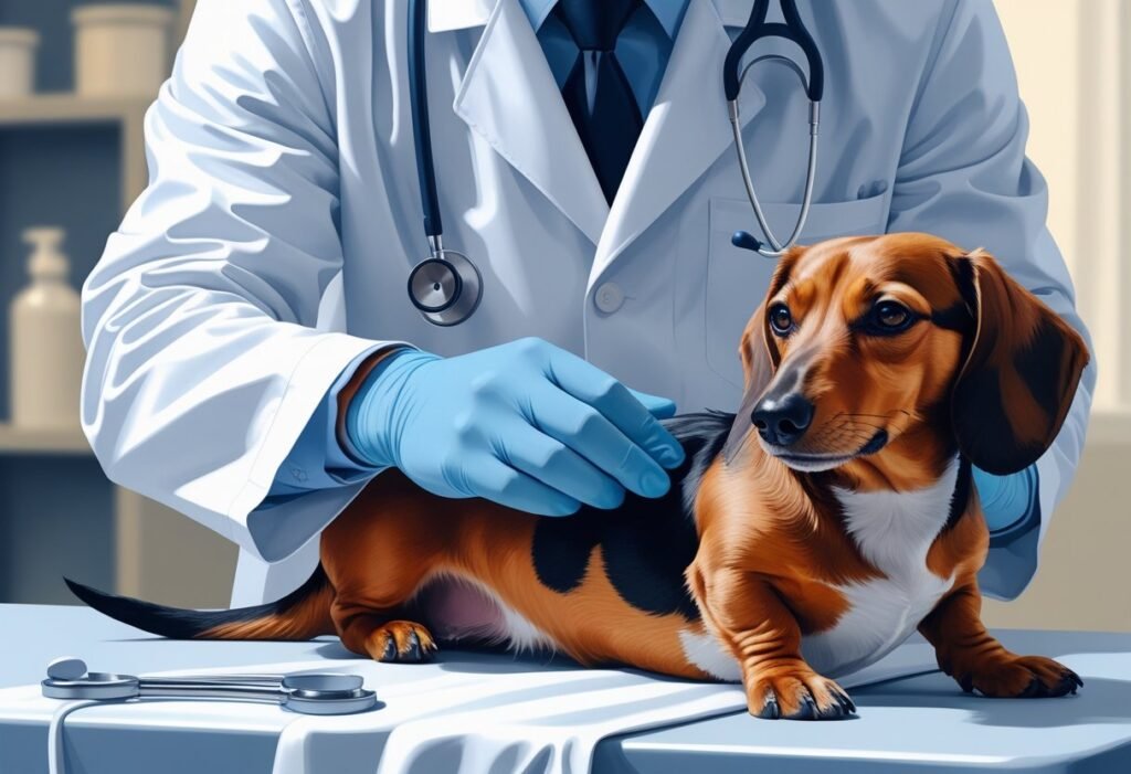 Veterinarian gently examining a Dachshund’s spine on an exam table during a back health check for possible IVDD symptoms.