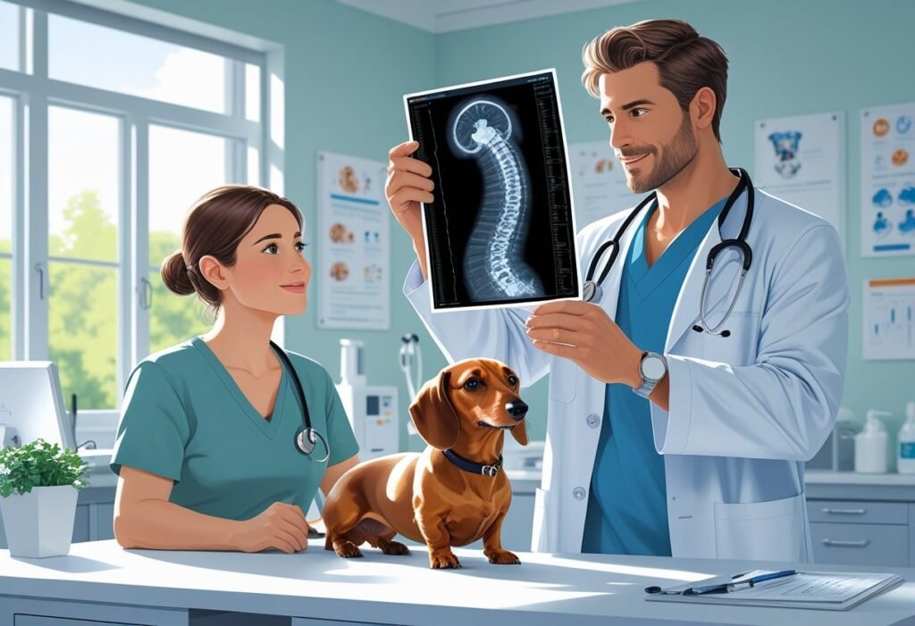 Veterinarian showing a Dachshund owner MRI results of the dog’s spine to explain IVDD diagnosis and treatment options.