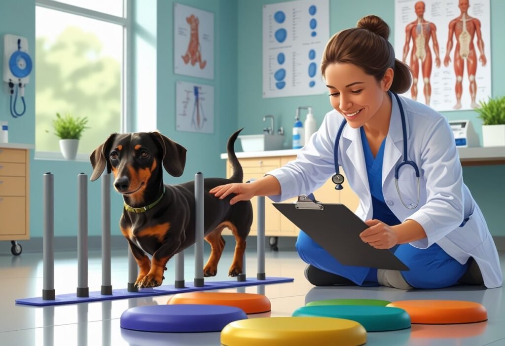 Dachshund performing gentle physical therapy with a vet therapist using balance poles to strengthen recovery after IVDD.