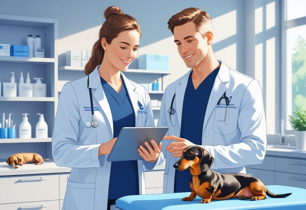 Two veterinarians discussing a Dachshund’s treatment plan using a digital tablet in a modern animal clinic.
