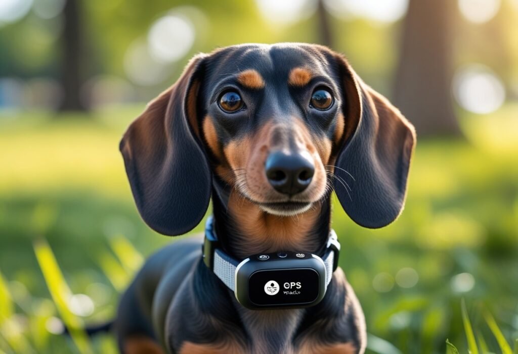 Tractive GPS Tracker Review For Dachshund - Dachshund wearing Tractive GPS Tracker collar in park.