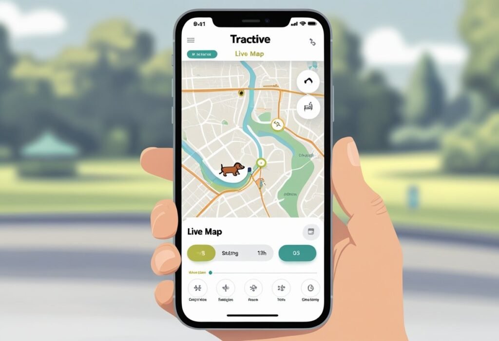 Tractive app showing real-time Dachshund tracking map.