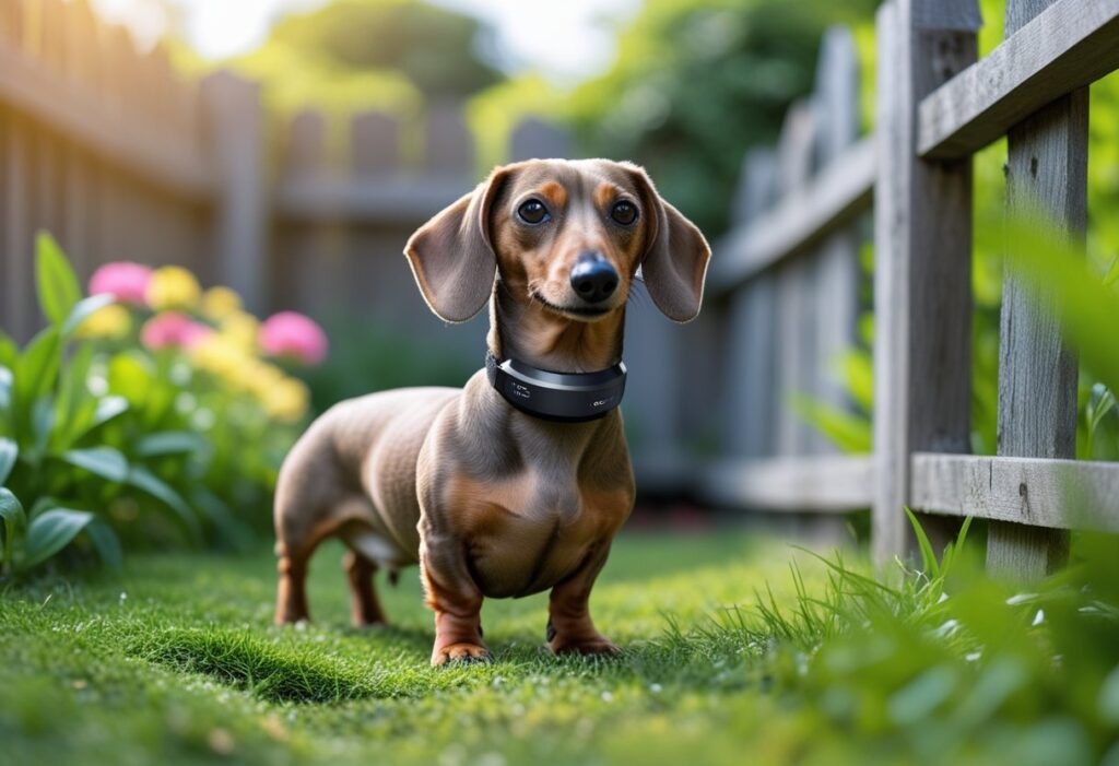 Dachshund with Tractive GPS near backyard fence safe zone.