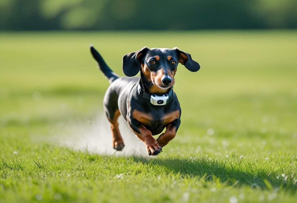 Dachshund running freely wearing Tractive GPS Tracker.