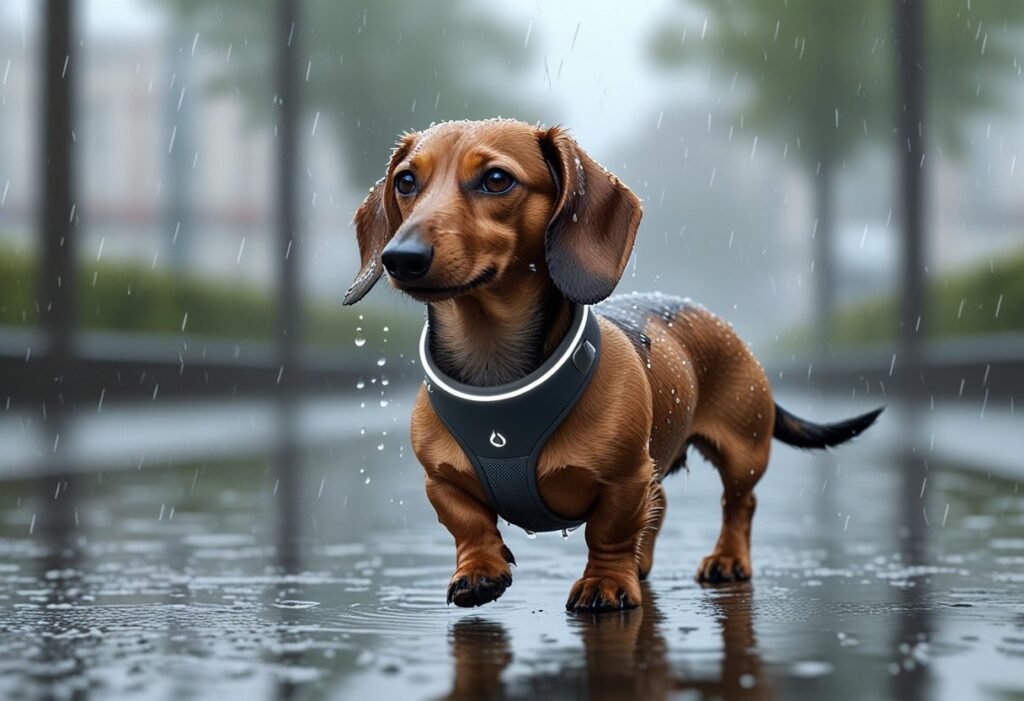 Waterproof Tractive GPS Tracker on Dachshund during rain walk.