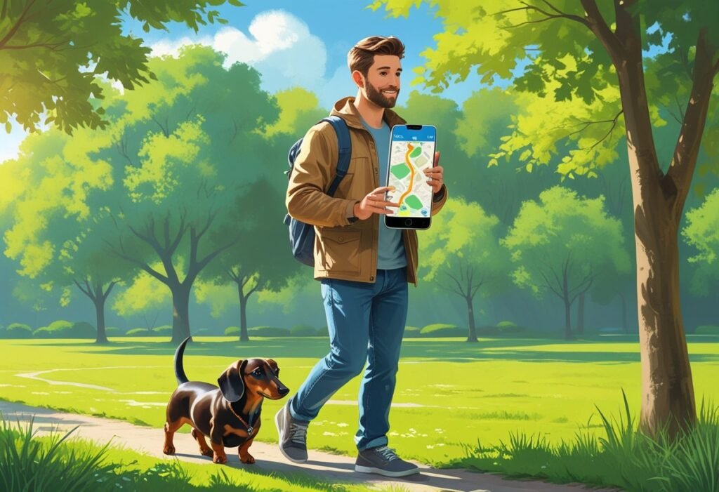 Dachshund owner following Tractive breadcrumb trail on map.