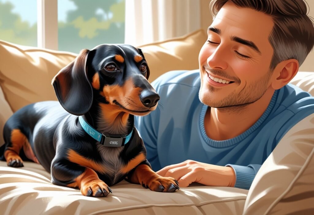 Dachshund resting safely after recovery thanks to Tractive GPS.