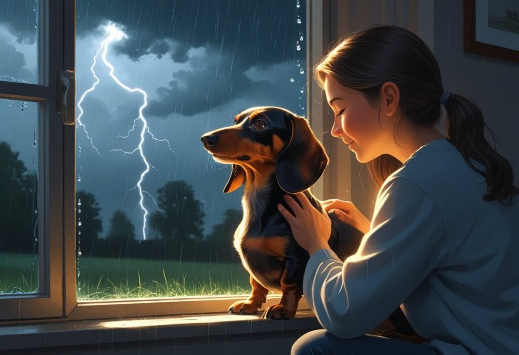 Anxious Dachshund sitting near a window during thunder, comforted by owner — showing benefits of King Kanine CBD for Dachshund Anxiety.