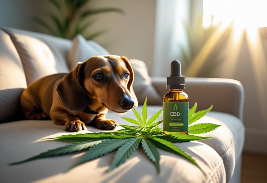 Calm Dachshund resting beside a bottle of King Kanine CBD oil with hemp leaves on a cozy couch.