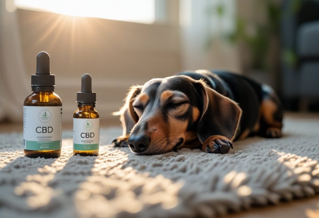 Peaceful Dachshund sleeping on rug beside CBD oil bottle — relaxed after King Kanine CBD use.