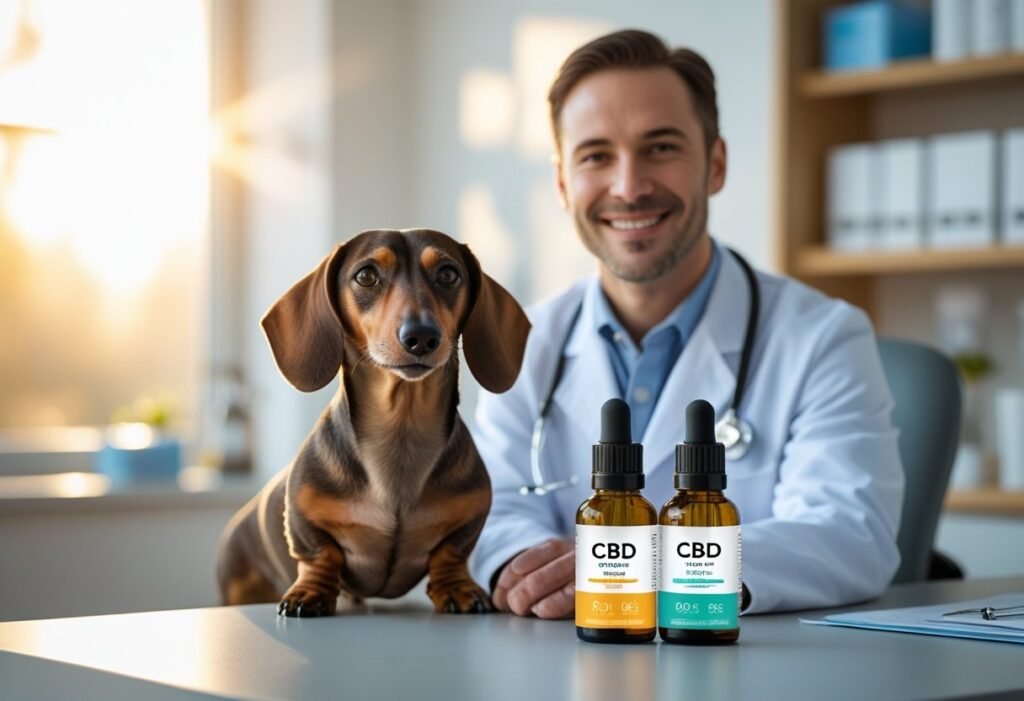 Vet showing CBD dosage chart to Dachshund owner with small King Kanine CBD bottles nearby.