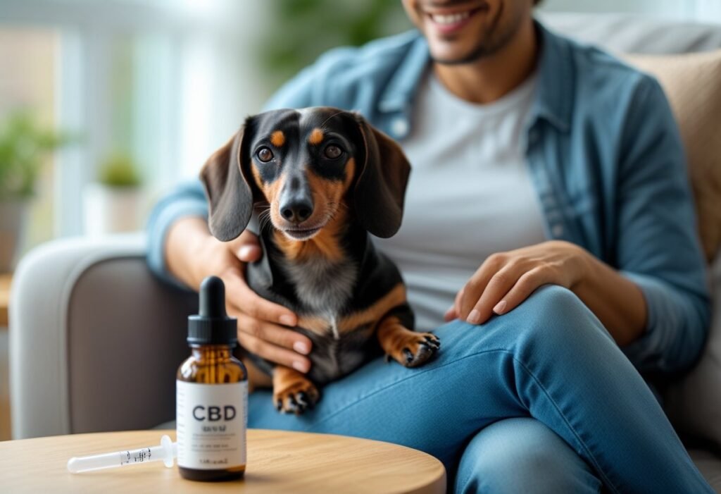 Owner cuddling calm Dachshund with King Kanine CBD bottle on table — happy results from daily use.