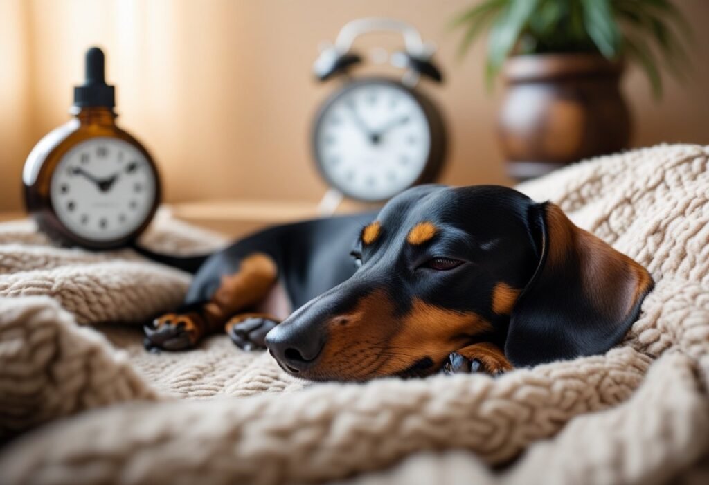 Dachshund napping peacefully beside a CBD oil bottle and clock — showing King Kanine CBD’s calming effects.