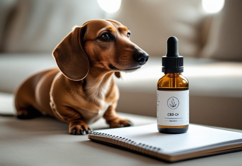 Dachshund sitting near CBD oil bottle and notepad labeled pros and cons — balanced review of King Kanine CBD.