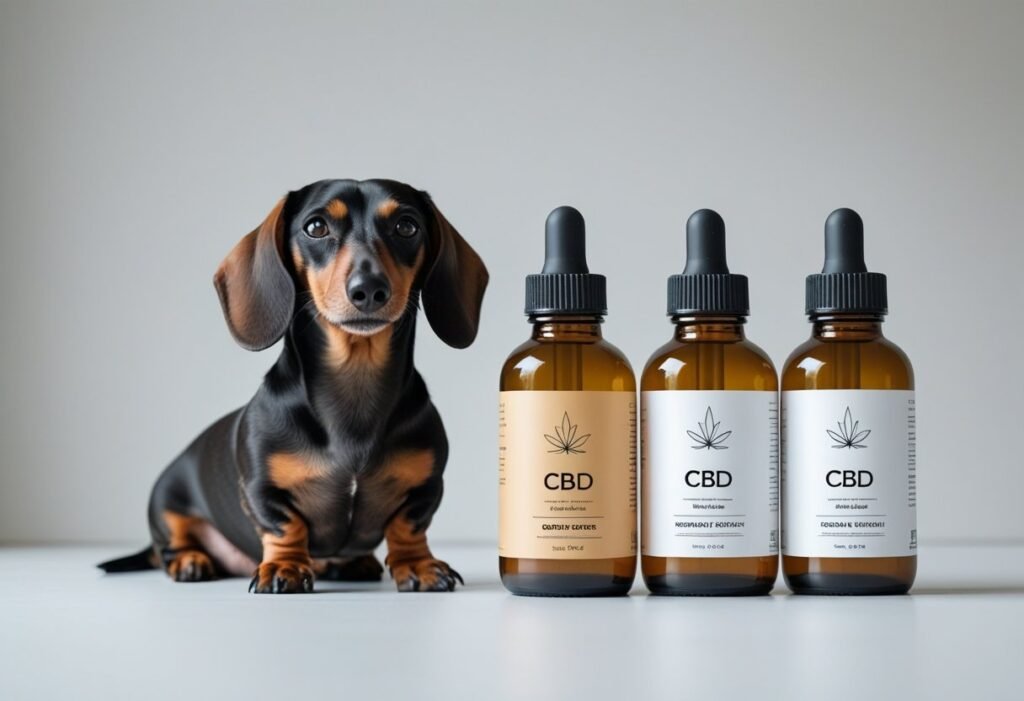 Dachshund beside several CBD oil bottles for comparison — King Kanine CBD shown as premium small-breed choice.