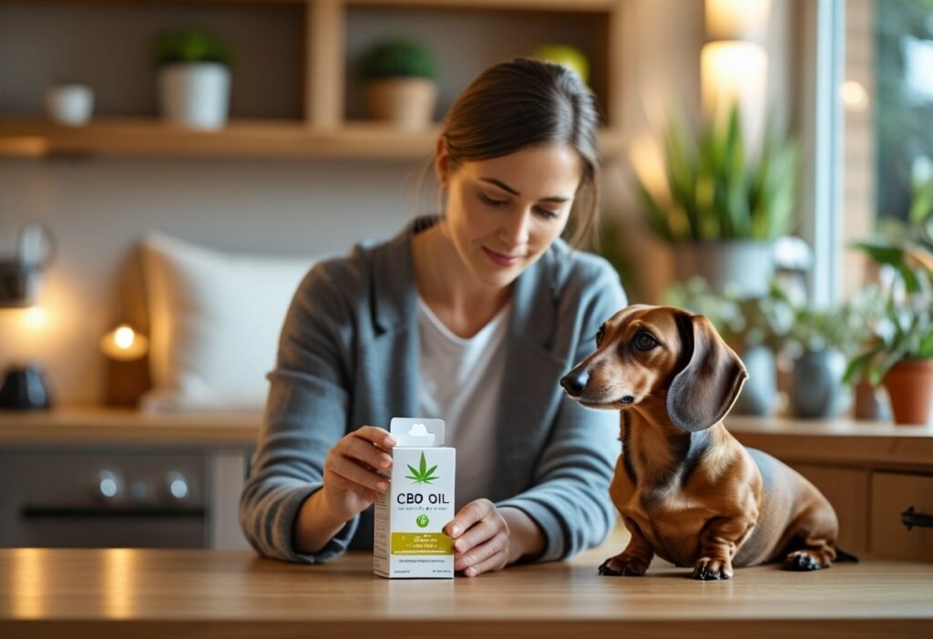 Owner reading CBD dosage guide while Dachshund sits nearby — choosing the right King Kanine CBD formula.