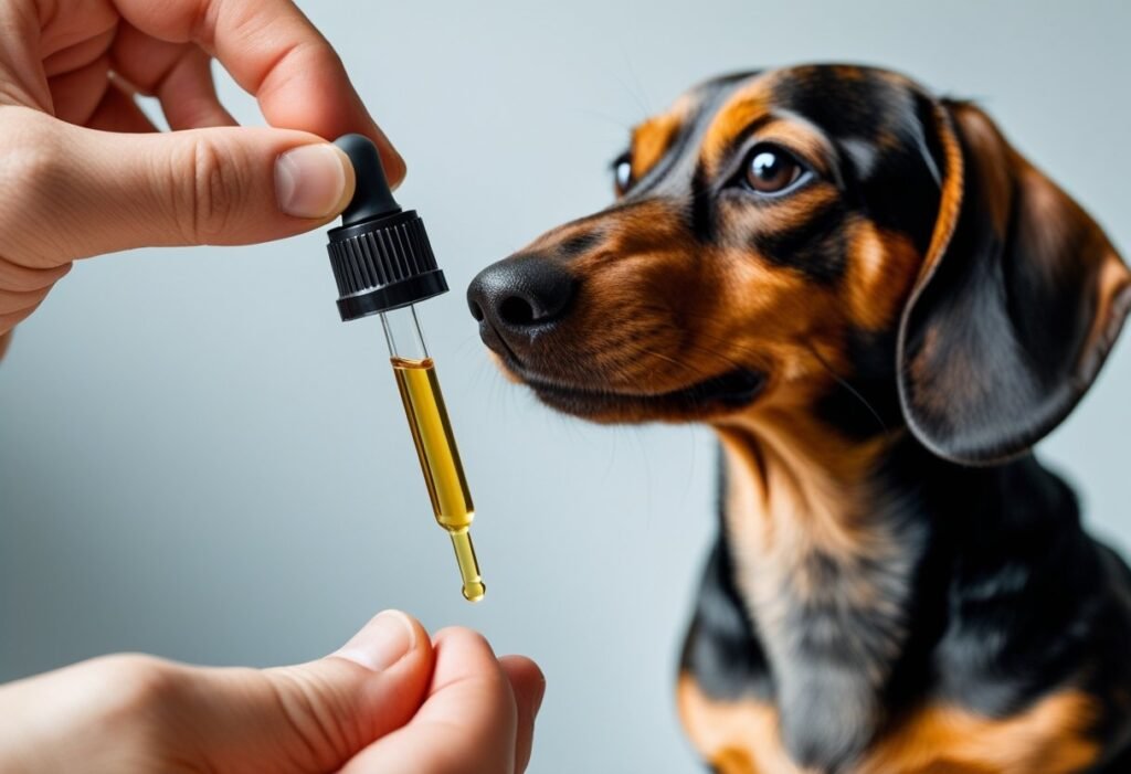 Close-up of hand using CBD dropper while Dachshund waits calmly — safe King Kanine CBD dosing process.