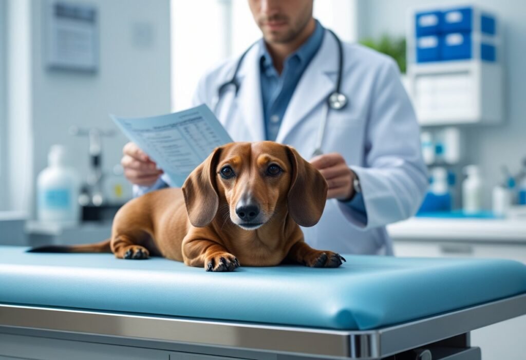 Vet checking a calm Dachshund and reviewing King Kanine CBD lab results — confirming daily safety.