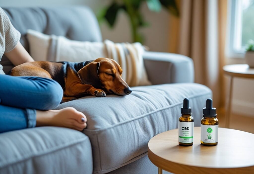 Peaceful Dachshund sleeping beside owner with King Kanine CBD bottle on side table — symbolizing lasting calm.