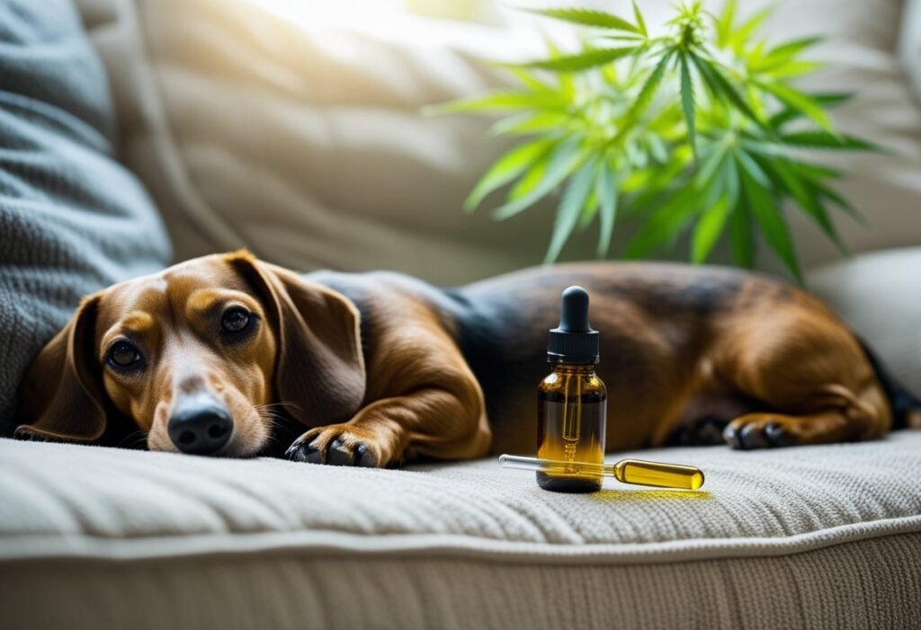 Relaxed Dachshund resting beside a CBD oil bottle and hemp leaves, symbolizing natural pain relief and calm.