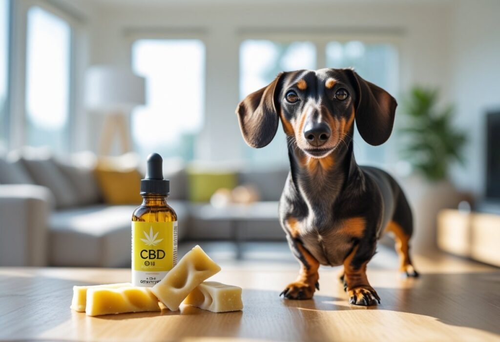 Happy Dachshund beside a small CBD oil bottle and chews on a table, showing gentle daily wellness care.