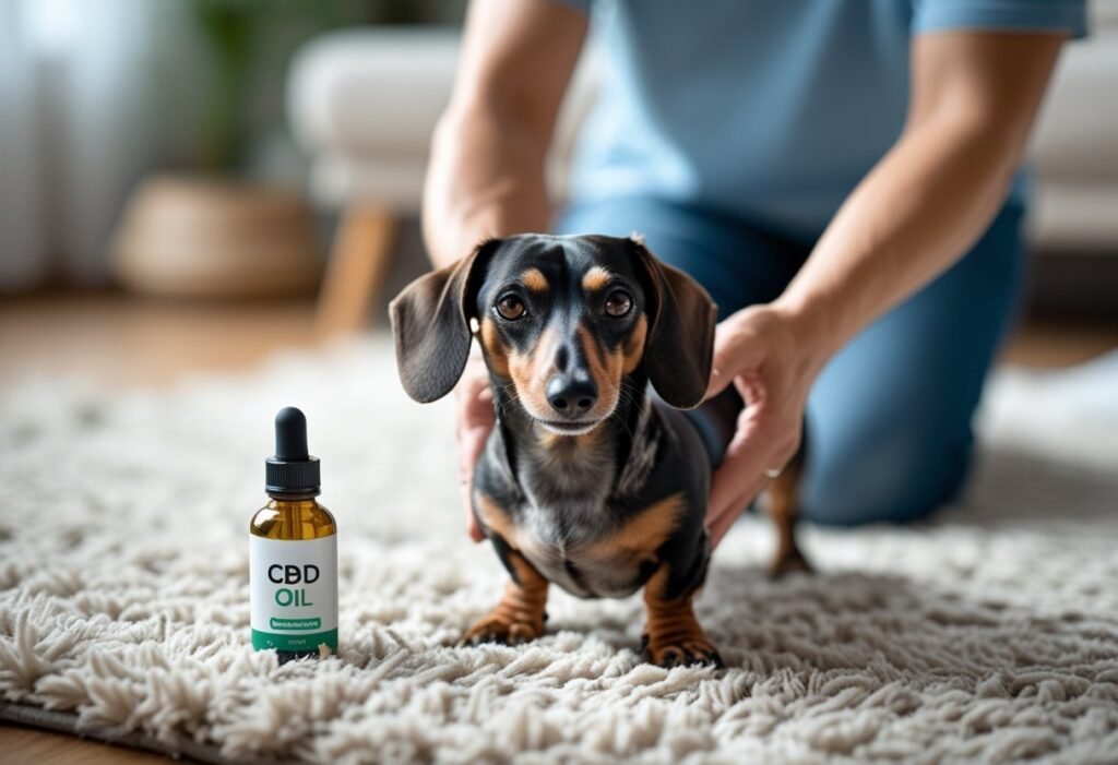 Dachshund with back highlighted while owner supports it, showing IVDD and joint pain awareness.