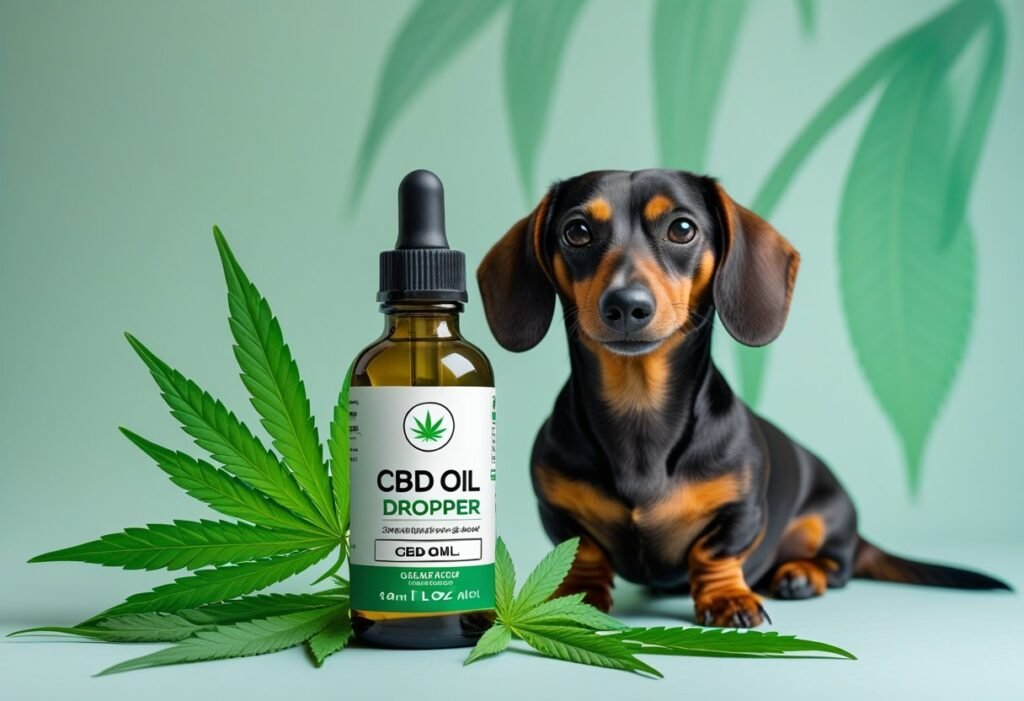 Small Dachshund sitting near a labeled Innovet-style CBD oil bottle with soft green background tones.