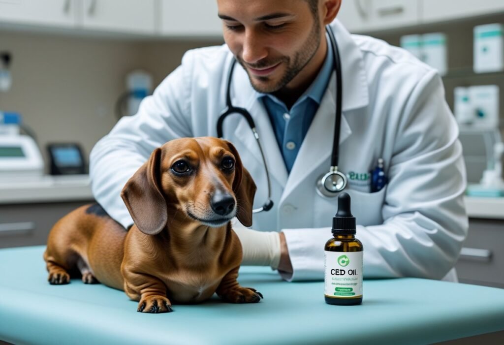 Veterinarian examining a calm Dachshund beside a small CBD oil bottle in a bright clinic setting.