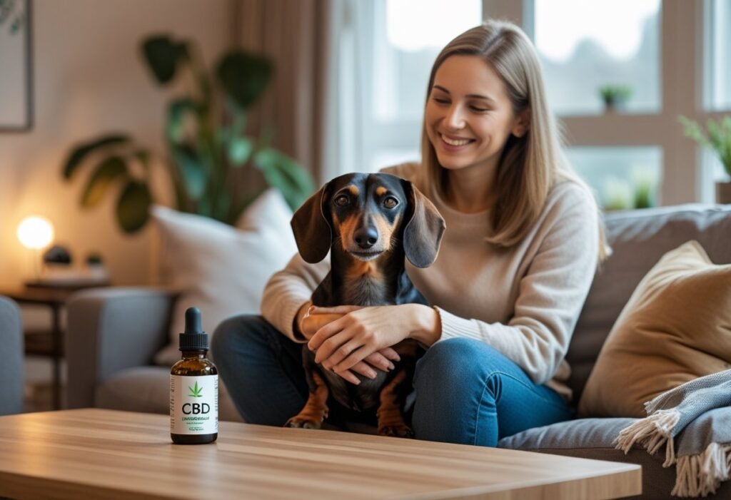 Owner cuddling a relaxed Dachshund on a couch with a CBD oil bottle on the coffee table.
