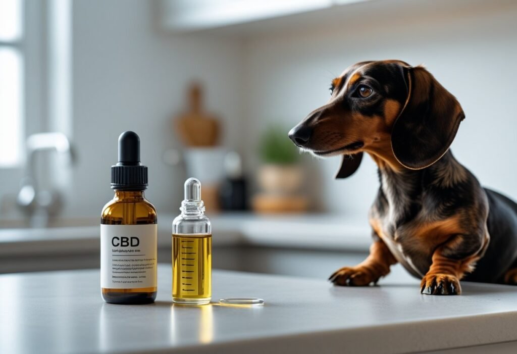 CBD oil bottle with measuring dropper on kitchen counter as a Dachshund waits patiently nearby.
