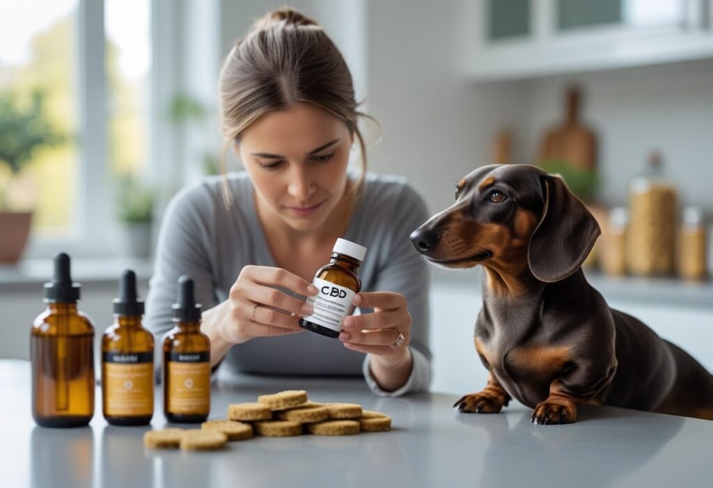 Owner reading CBD label carefully while Dachshund watches, showing cautious and responsible use.