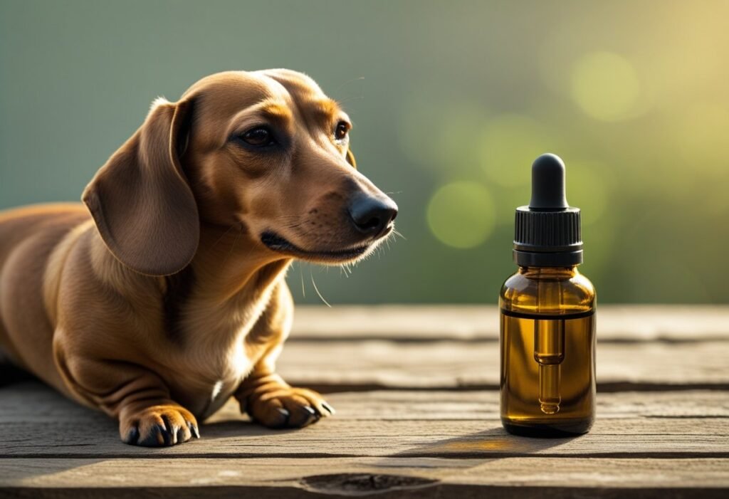 Calm Dachshund resting peacefully beside a CBD oil bottle on a wooden table in soft light.